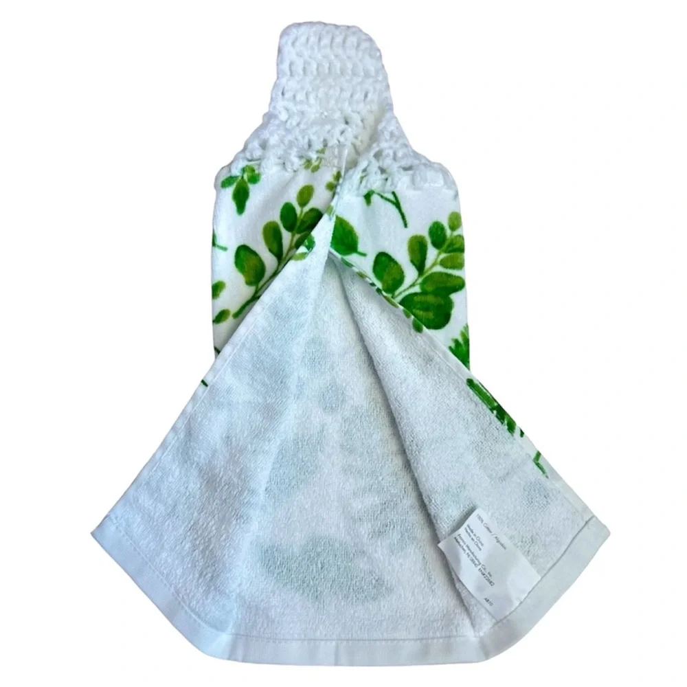 Hand Crafted Colorful Green Ferns Hanging Hand Towels Crochet Top Button Closure
